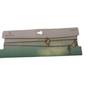 Decree‎ Choker Necklace Women OS Gold Tone Layered Charms Lock Key Circle